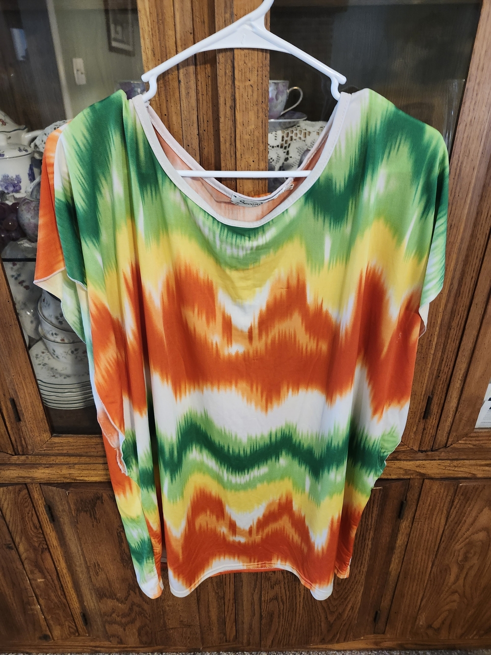 Women's Green & Orange Tie-Dye Short Sleeve Top